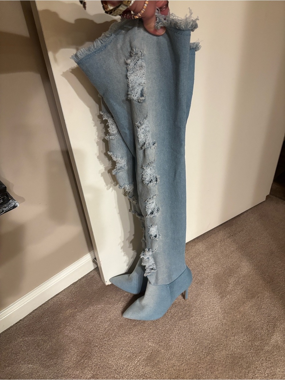 Anne Michelle Light Blue Distressed Over-the-Knee Denim Boots